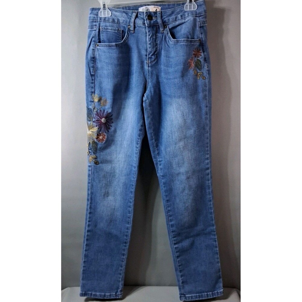 Royalty For Me Floral Embroidered Skinny Jeans Mid Rise Denim Sz 4 Boho Whimsy
